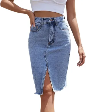 Women's Front Slit Blue Denim Skirt Pockets High Waist Slim Midi Skirts 2025 Spring Casual Streetwear