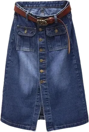Women's Front Slit Single Breasted High Waist Denim Skirt with Belt Summer Loose A-Line Midi Skirts