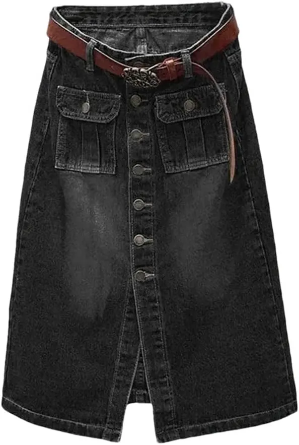 Women's Front Slit Single Breasted High Waist Denim Skirt with Belt Summer Loose A-Line Midi Skirts