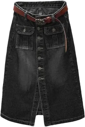Women's Front Slit Single Breasted High Waist Denim Skirt with Belt Summer Loose A-Line Midi Skirts