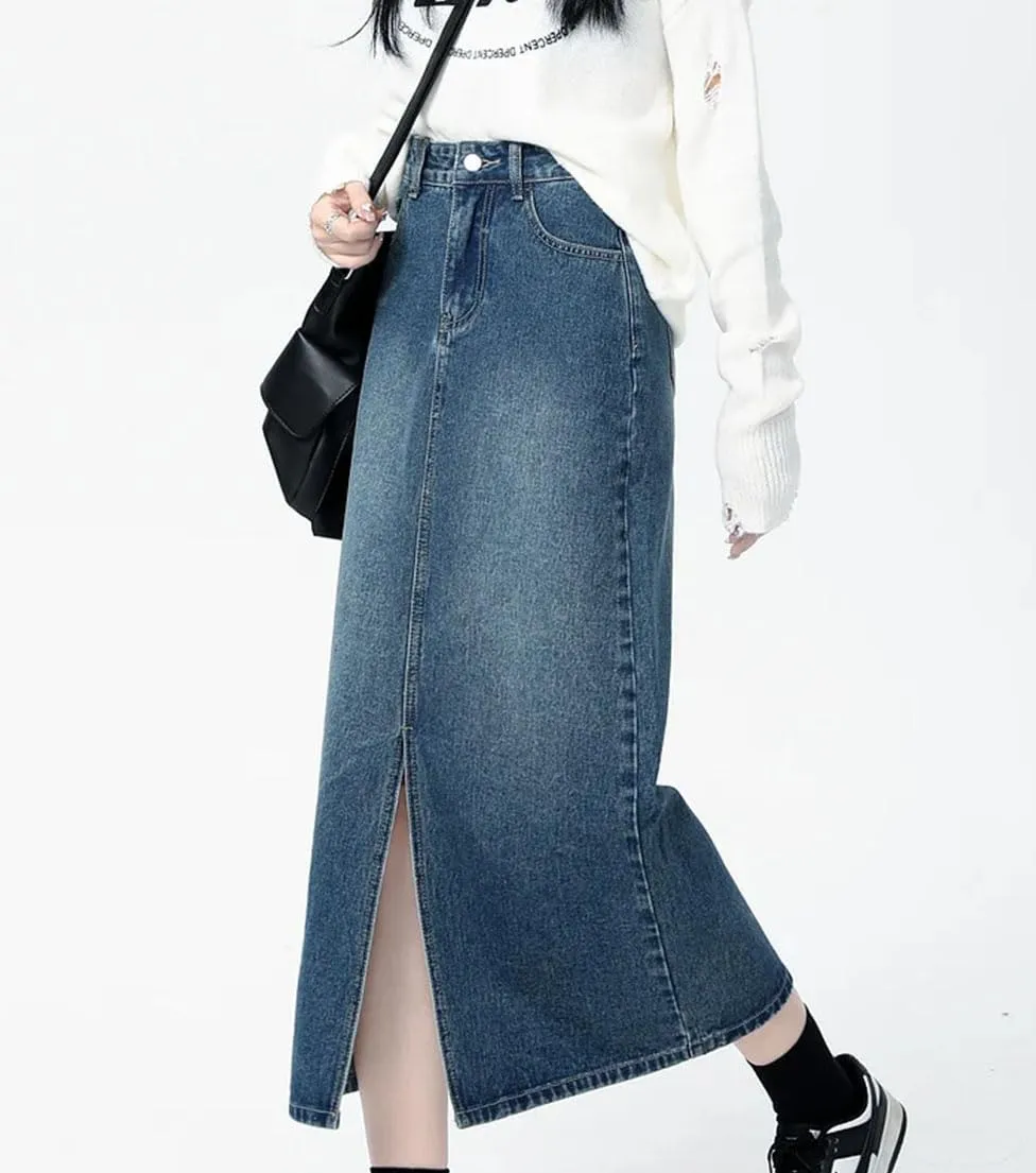 Women's High Waist Denim Skirt Washing Front Split Jean Skirt 2025 Summer Blue Color Long Skirts