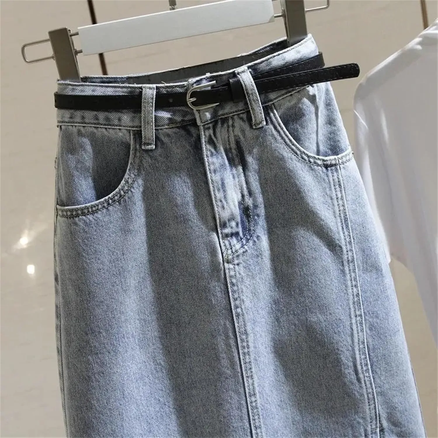 Women's High Waist Straight Denim Skirt with Belt Casual Slit Jean Midi Skirt