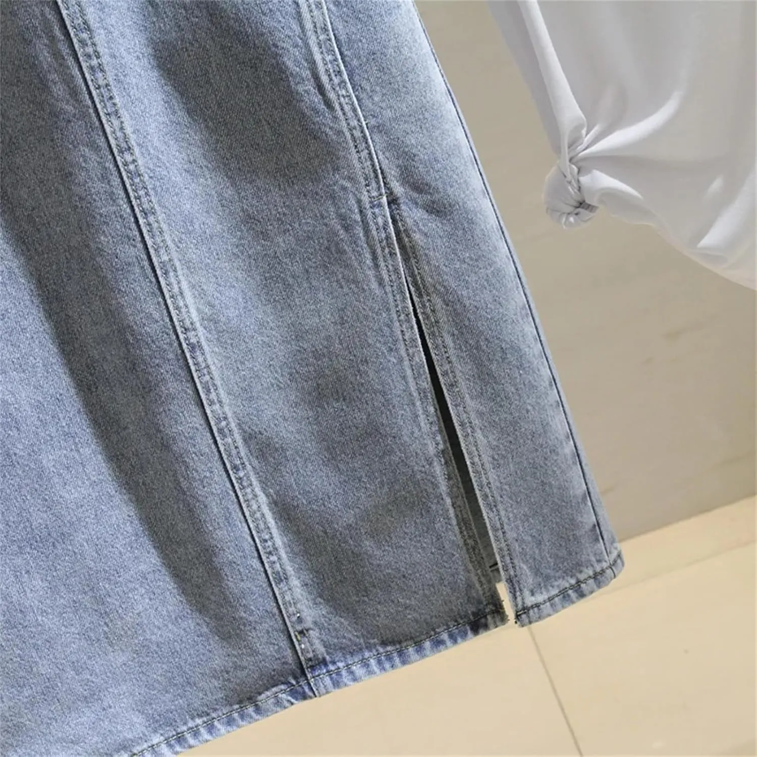 Women's High Waist Straight Denim Skirt with Belt Casual Slit Jean Midi Skirt