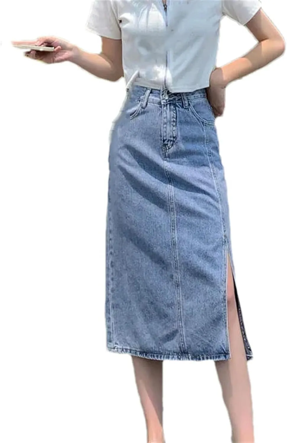 Women's High Waist Straight Denim Skirt with Belt Casual Slit Jean Midi Skirt