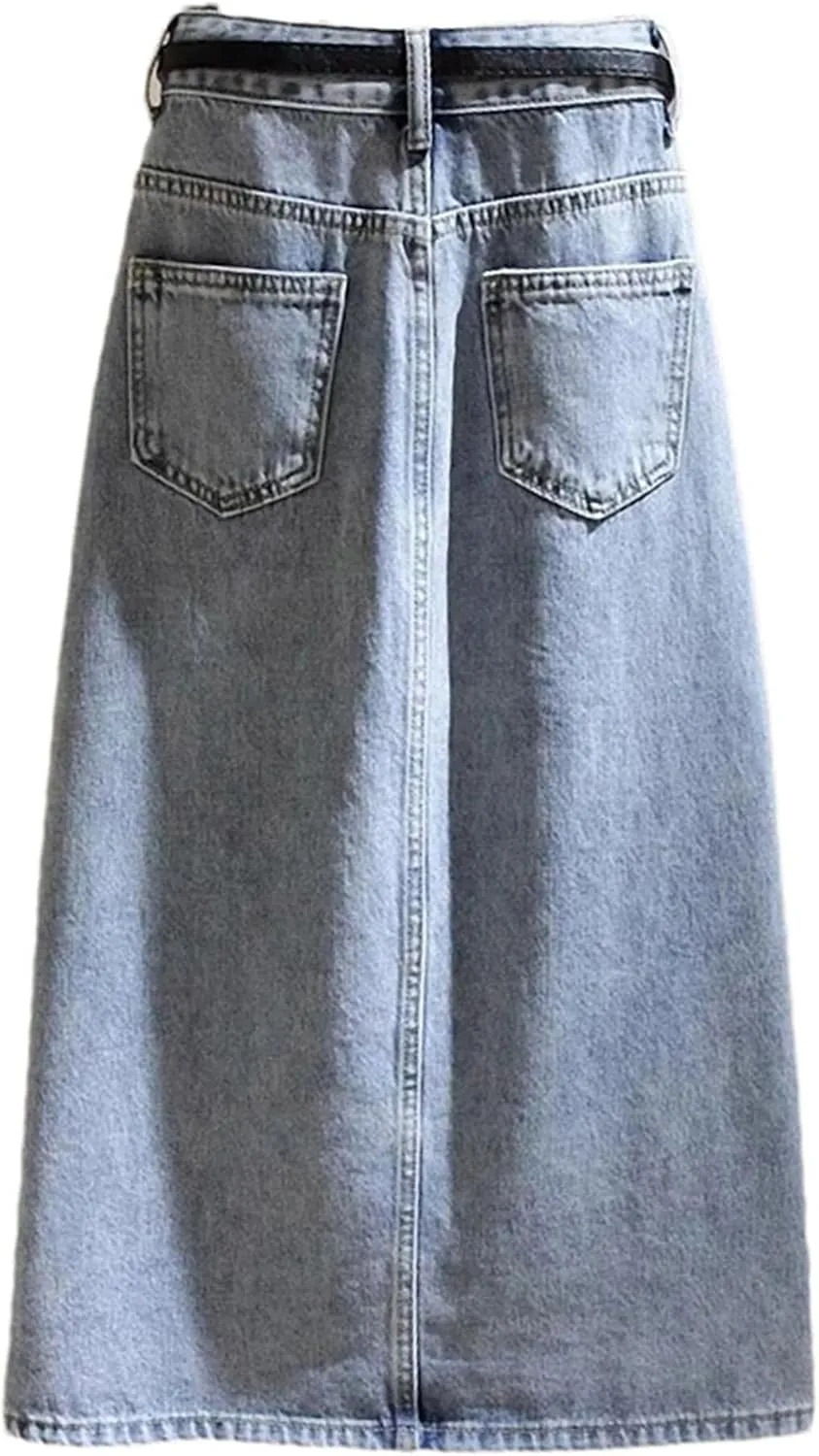 Women's High Waist Straight Denim Skirt with Belt Casual Slit Jean Midi Skirt