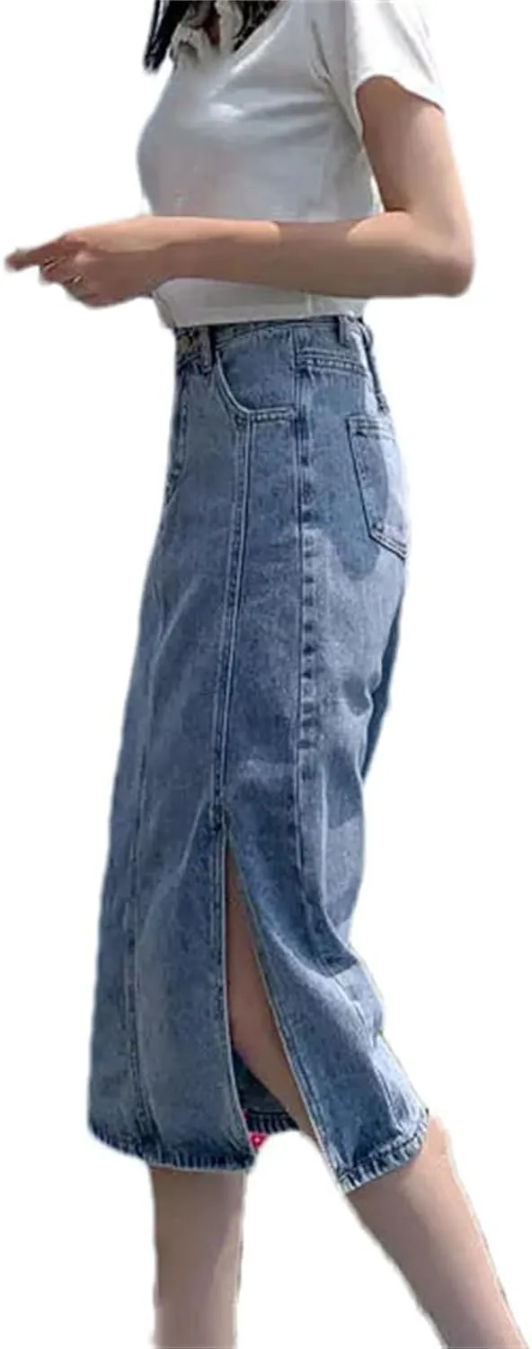 Women's High Waist Straight Denim Skirt with Belt Casual Slit Jean Midi Skirt