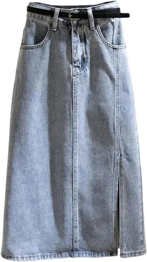 Women's High Waist Straight Denim Skirt with Belt Casual Slit Jean Midi Skirt