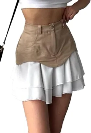 Women's High Waisted Pleated Mini Skirt 2025 Summer Color Block Tiered Layer Ruffle Hem Skirts Y2k Streetwear