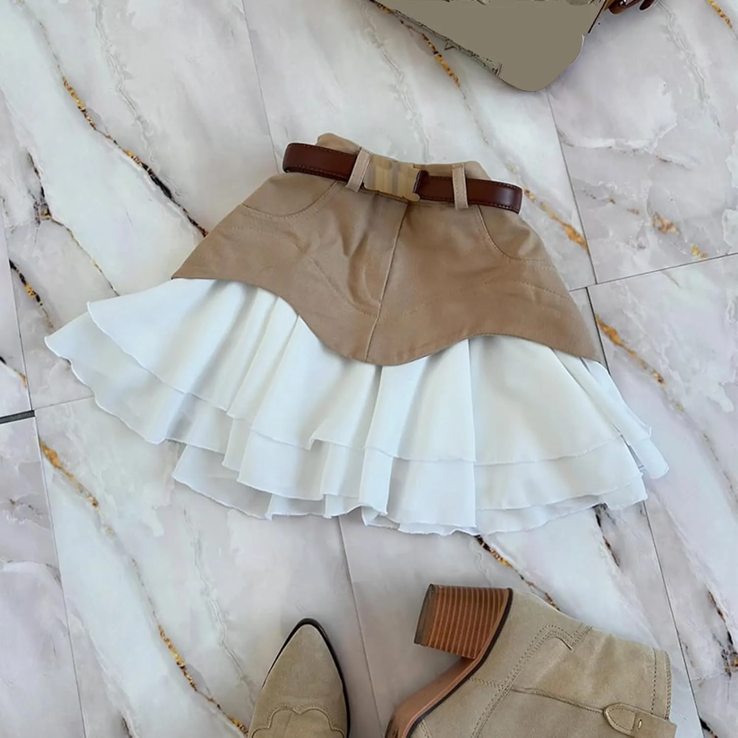 Women's High Waisted Pleated Mini Skirt 2025 Summer Color Block Tiered Layer Ruffle Hem Skirts Y2k Streetwear