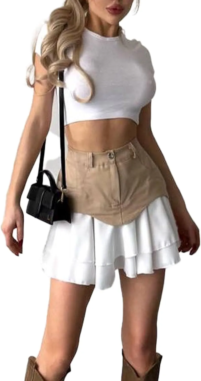Women's High Waisted Pleated Mini Skirt 2025 Summer Color Block Tiered Layer Ruffle Hem Skirts Y2k Streetwear