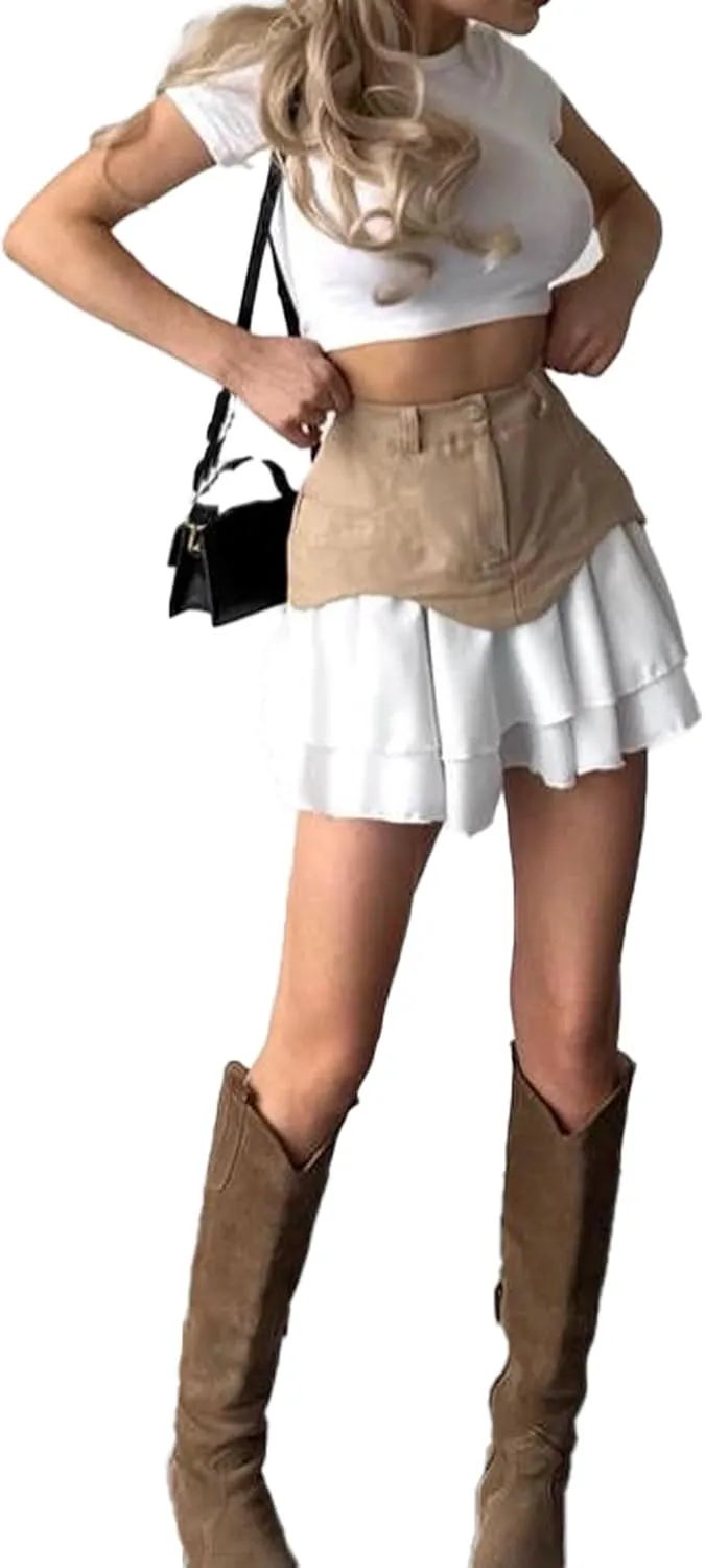 Women's High Waisted Pleated Mini Skirt 2025 Summer Color Block Tiered Layer Ruffle Hem Skirts Y2k Streetwear