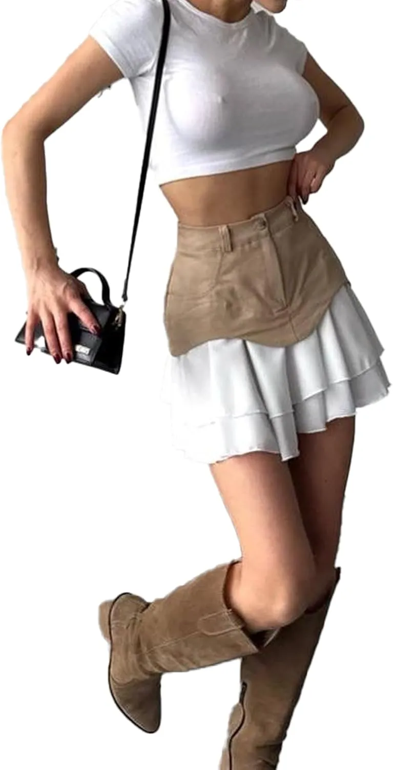 Women's High Waisted Pleated Mini Skirt 2025 Summer Color Block Tiered Layer Ruffle Hem Skirts Y2k Streetwear