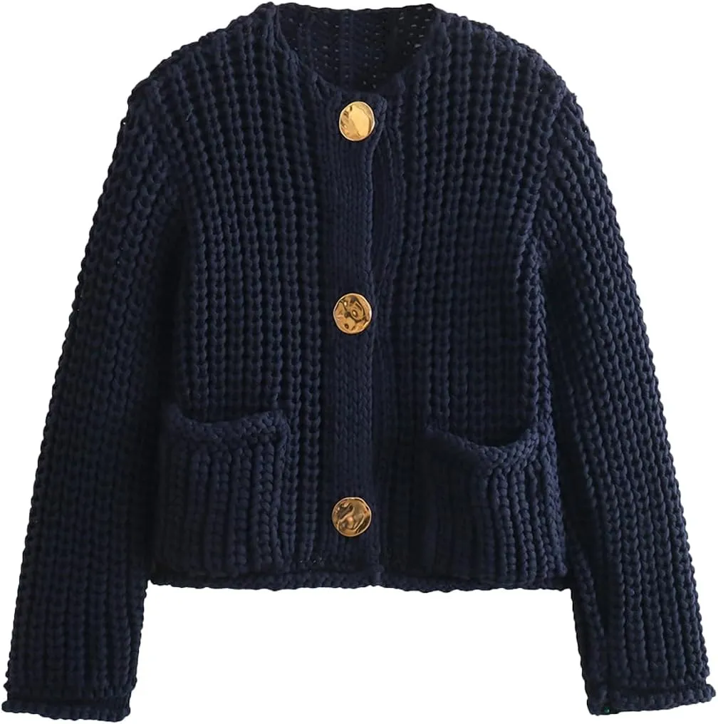 Women's Knit Cardigans Button Down Sweater Long Sleeve V Neck Chunky Cardigan Sweaters with Pockets