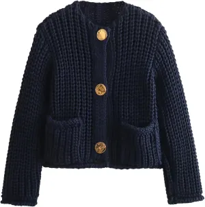 Women's Knit Cardigans Button Down Sweater Long Sleeve V Neck Chunky Cardigan Sweaters with Pockets