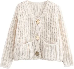 Women's Knit Cardigans Button Down Sweater Long Sleeve V Neck Chunky Cardigan Sweaters with Pockets