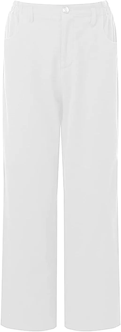 Women's Linen Pants Summer Cropped Wide Leg Trousers Pants Casual Lightweight Elastic Waist Work Pants with Pockets