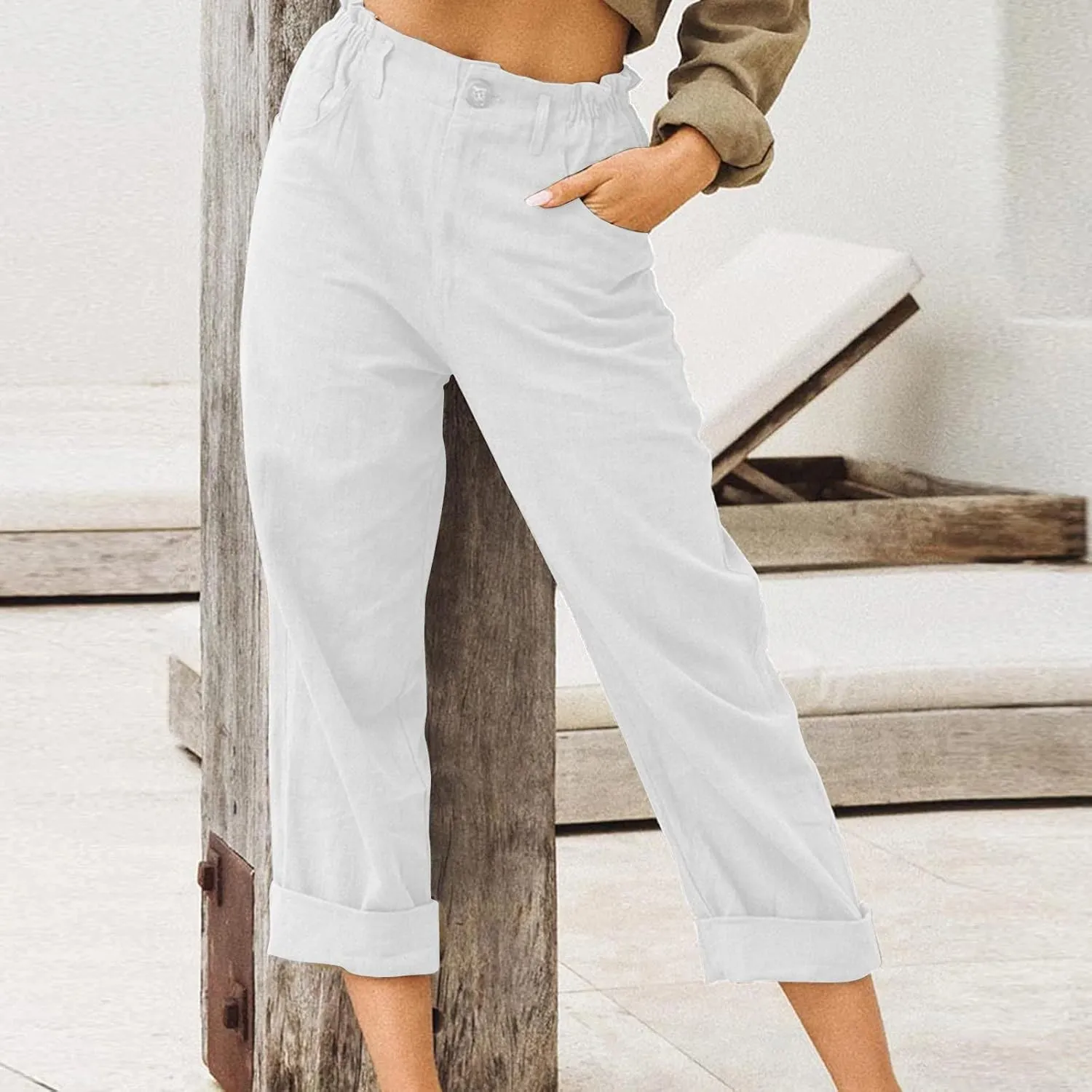 Women's Linen Pants Summer Cropped Wide Leg Trousers Pants Casual Lightweight Elastic Waist Work Pants with Pockets