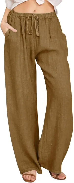 Womens Linen Pants Wide Leg Baggy High Waisted Pants Straight Leg Beach Trousers Flowy Pull on Pants with Pockets