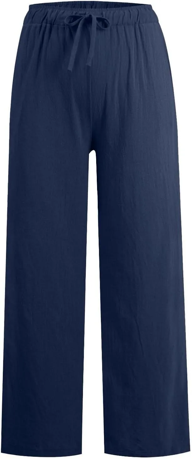 Womens Linen Pants Wide Leg Baggy High Waisted Pants Straight Leg Beach Trousers Flowy Pull on Pants with Pockets