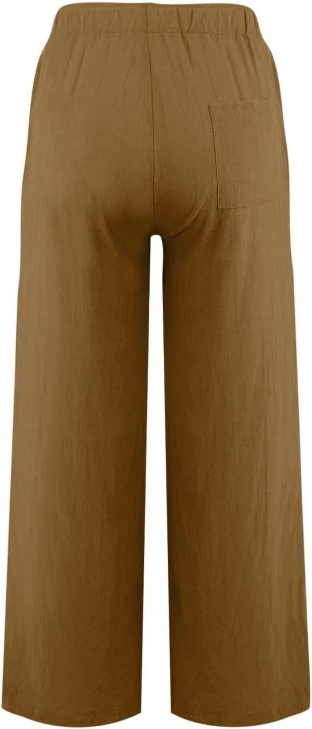 Womens Linen Pants Wide Leg Baggy High Waisted Pants Straight Leg Beach Trousers Flowy Pull on Pants with Pockets