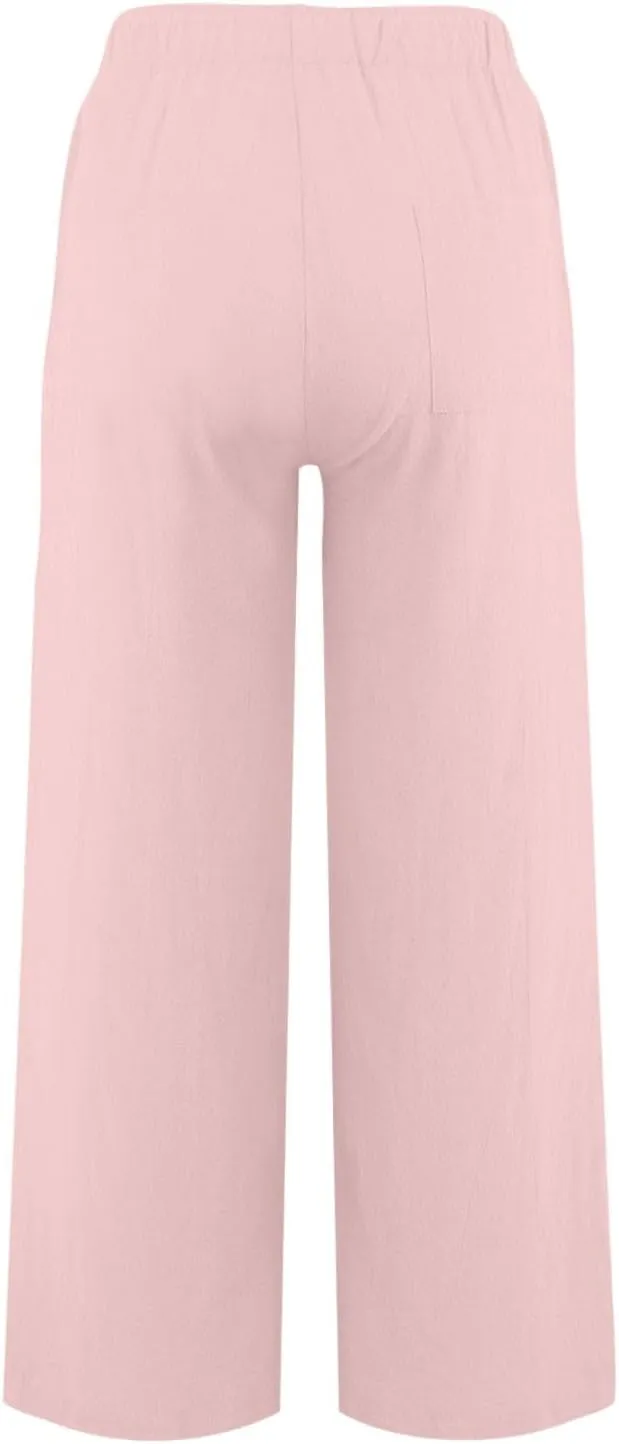 Womens Linen Pants Wide Leg Baggy High Waisted Pants Straight Leg Beach Trousers Flowy Pull on Pants with Pockets