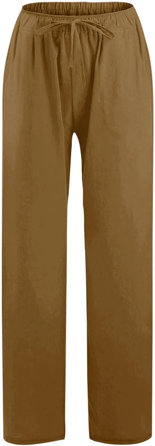 Womens Linen Pants Wide Leg Baggy High Waisted Pants Straight Leg Beach Trousers Flowy Pull on Pants with Pockets