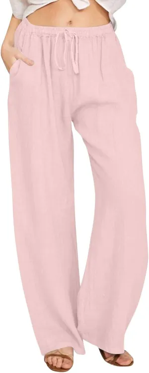 Womens Linen Pants Wide Leg Baggy High Waisted Pants Straight Leg Beach Trousers Flowy Pull on Pants with Pockets