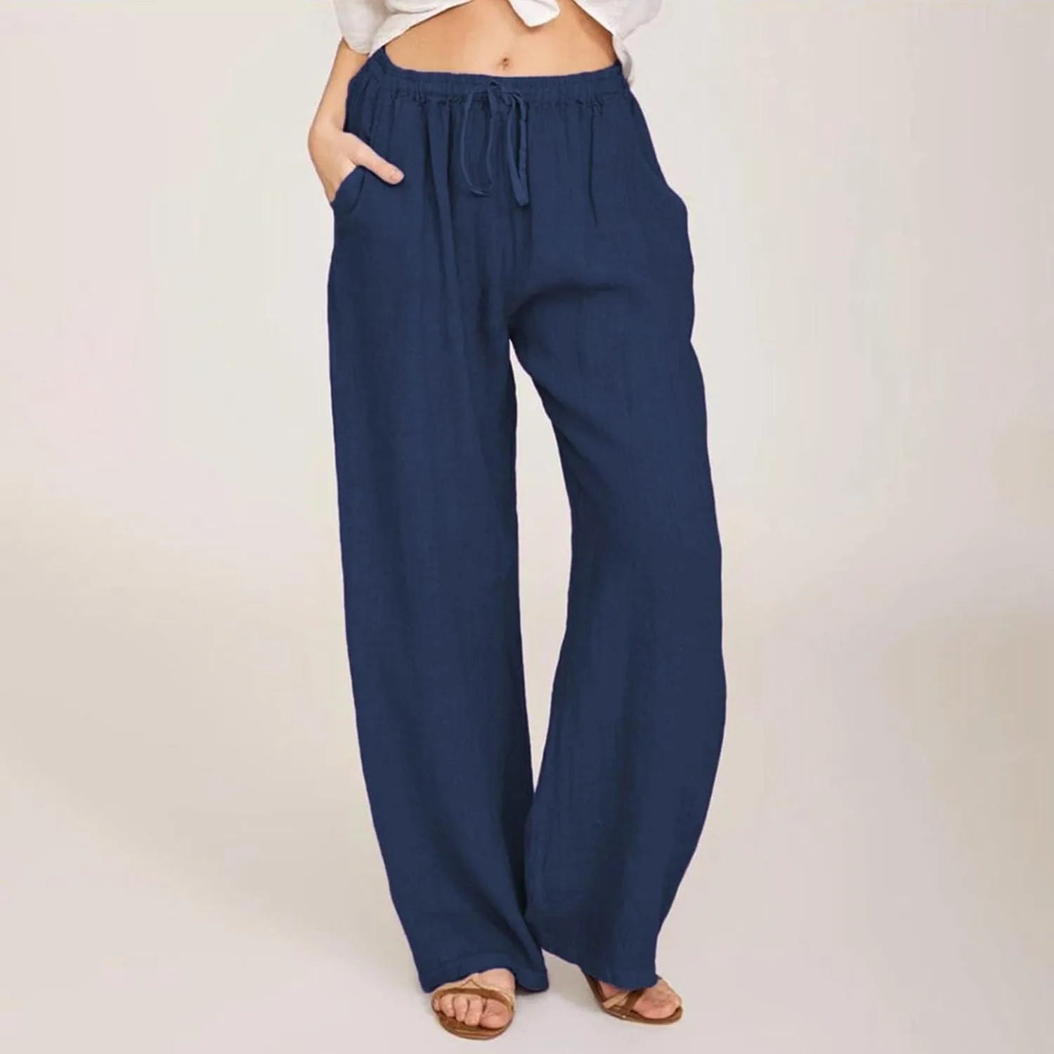 Womens Linen Pants Wide Leg Baggy High Waisted Pants Straight Leg Beach Trousers Flowy Pull on Pants with Pockets