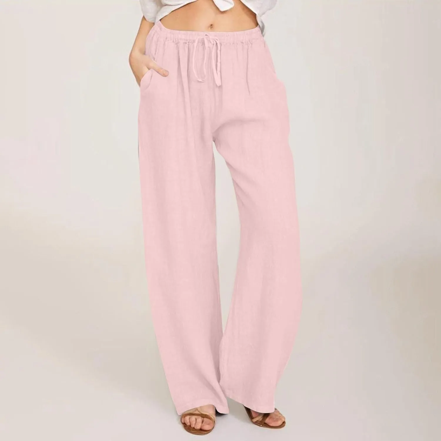 Womens Linen Pants Wide Leg Baggy High Waisted Pants Straight Leg Beach Trousers Flowy Pull on Pants with Pockets
