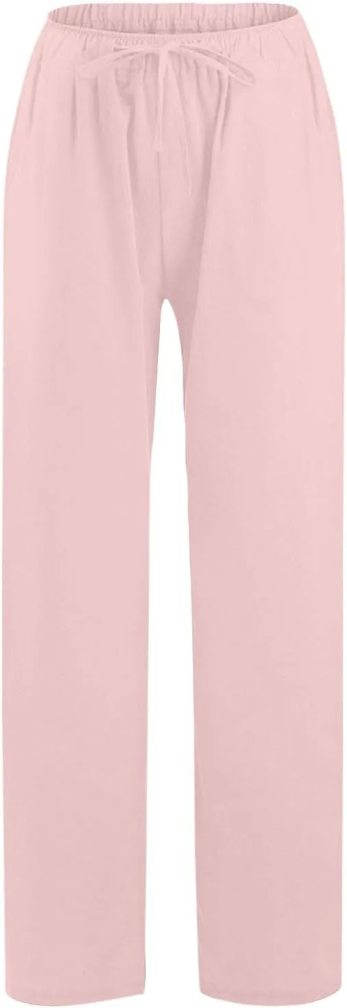 Womens Linen Pants Wide Leg Baggy High Waisted Pants Straight Leg Beach Trousers Flowy Pull on Pants with Pockets