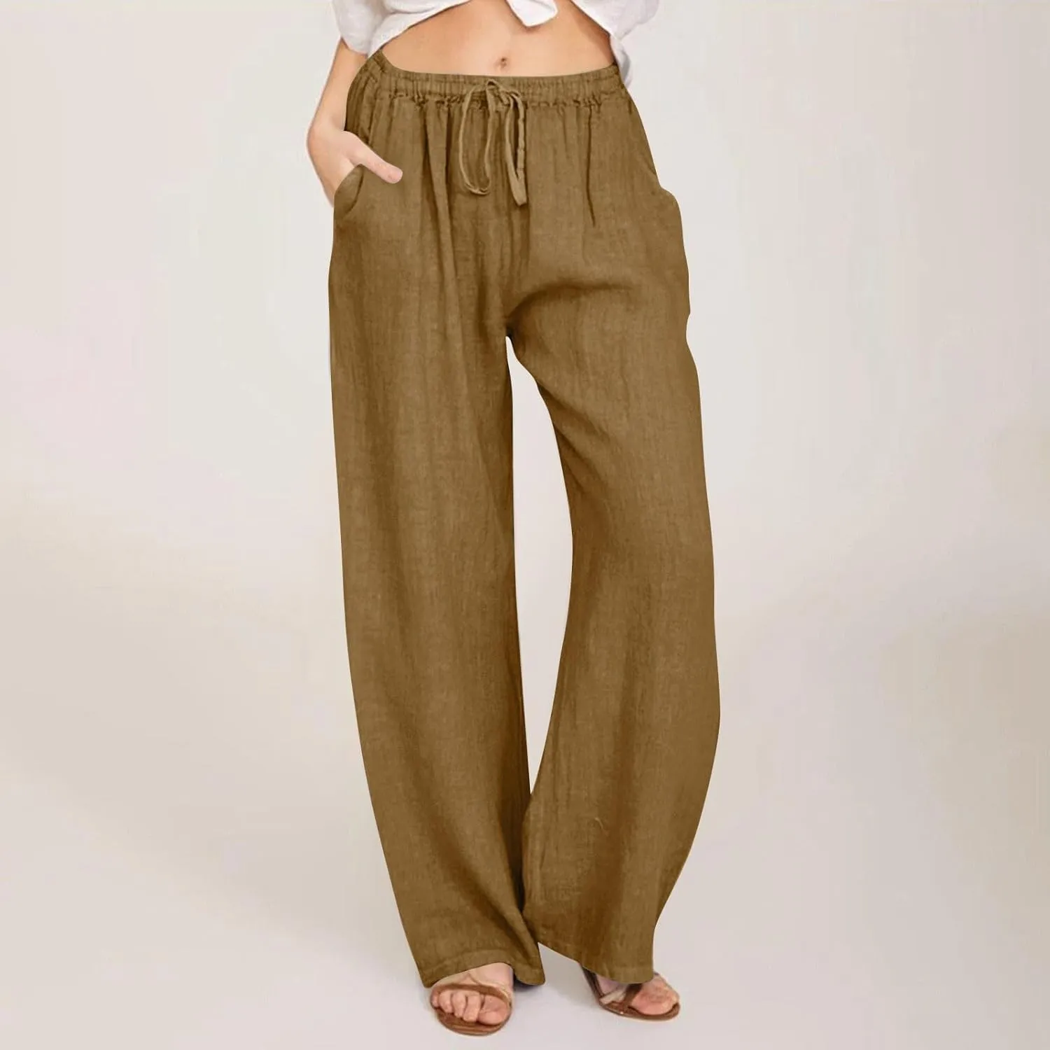 Womens Linen Pants Wide Leg Baggy High Waisted Pants Straight Leg Beach Trousers Flowy Pull on Pants with Pockets