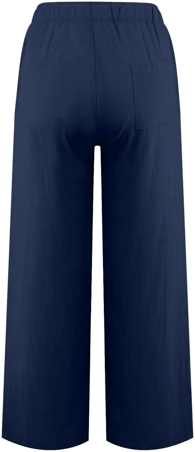 Womens Linen Pants Wide Leg Baggy High Waisted Pants Straight Leg Beach Trousers Flowy Pull on Pants with Pockets