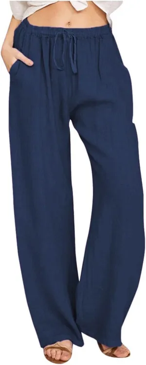 Womens Linen Pants Wide Leg Baggy High Waisted Pants Straight Leg Beach Trousers Flowy Pull on Pants with Pockets