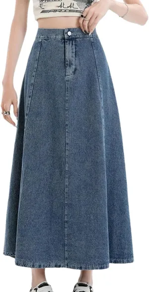 Women's Long Denim Skirt 2025 Spring Summer Elastic High Waist A Line Jeans Skirt Korean Casual Blue Skirts