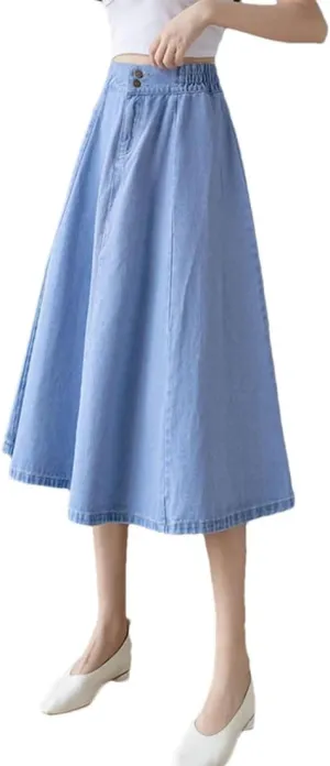 Women's Long Loose Big Swing A-Line Denim Skirts Vintage Streetwear Elastic High Waist Jeans Skirt