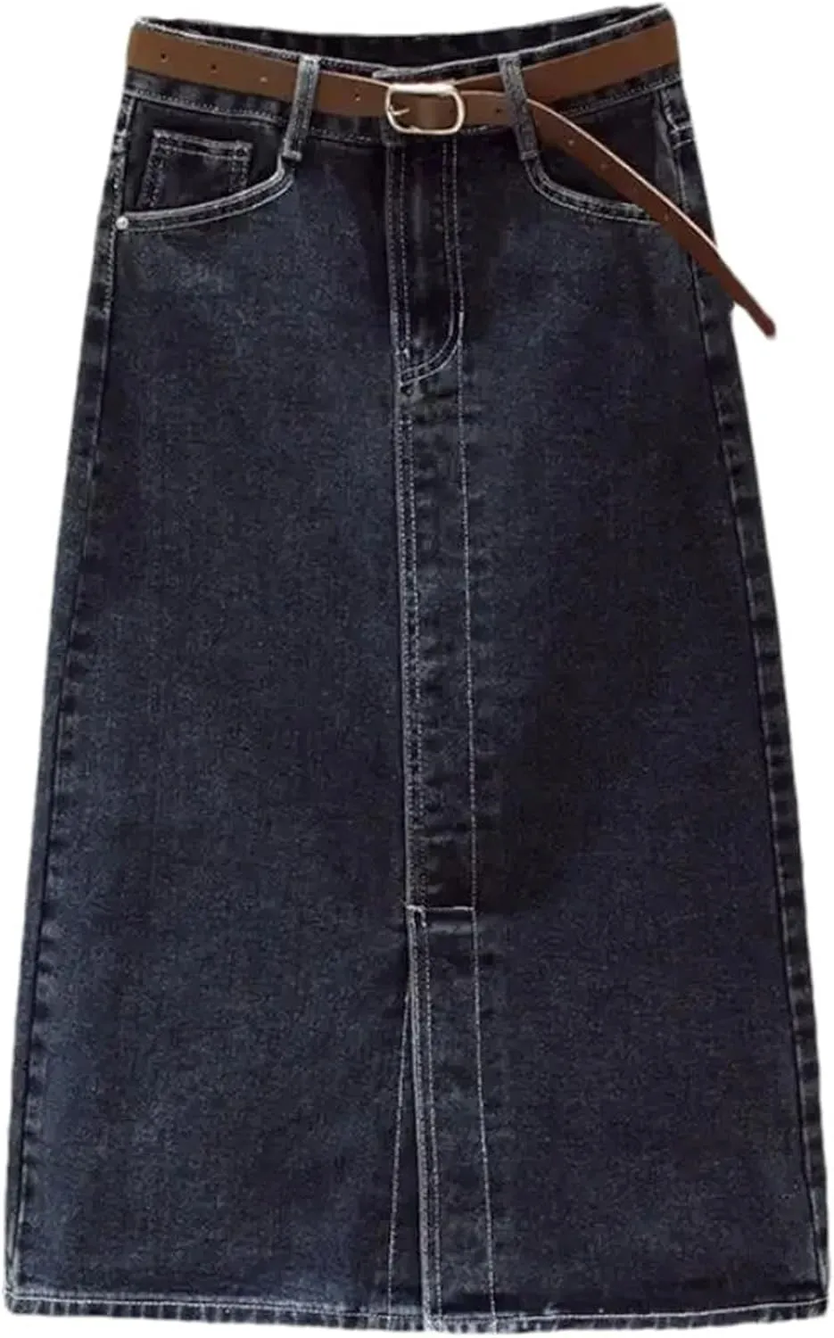Women's Mid-Length Denim Skirt Slit High Waist Slim Fit Vintage A-Line Skirt