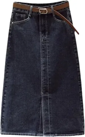 Women's Mid-Length Denim Skirt Slit High Waist Slim Fit Vintage A-Line Skirt