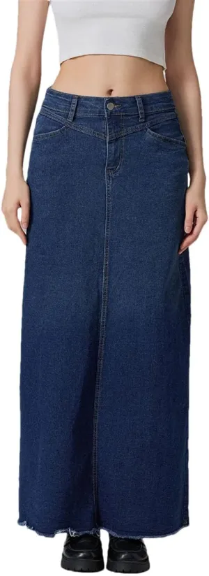 Women's Mid Waist Denim Skirt Solid Color Long A-Line Skirt with Pockets for School Work Shopping