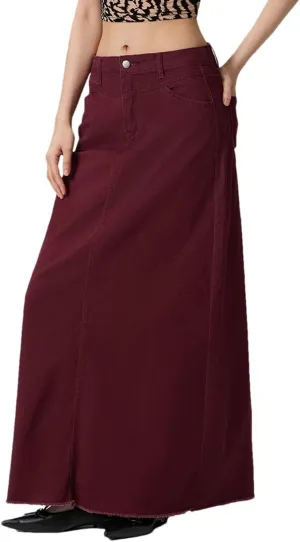 Women's Mid Waist Denim Skirt Solid Color Long A-Line Skirt with Pockets for School Work Shopping