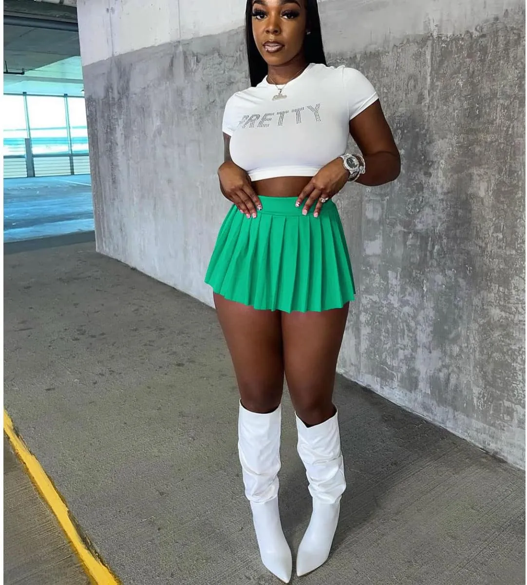 Women's Mini Pleated Skirts Sexy Club Y2k High Wiast Stretchy Tennis Skater A-line Skirt