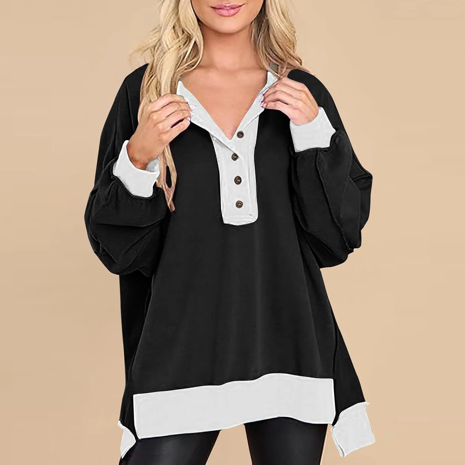 Women's Oversized Sweatshirt Casual Long Sleeve Button Henley Neck Pullover Tunic Tops Outfits Spring Fall Pullover
