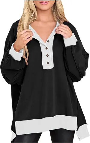 Women's Oversized Sweatshirt Casual Long Sleeve Button Henley Neck Pullover Tunic Tops Outfits Spring Fall Pullover