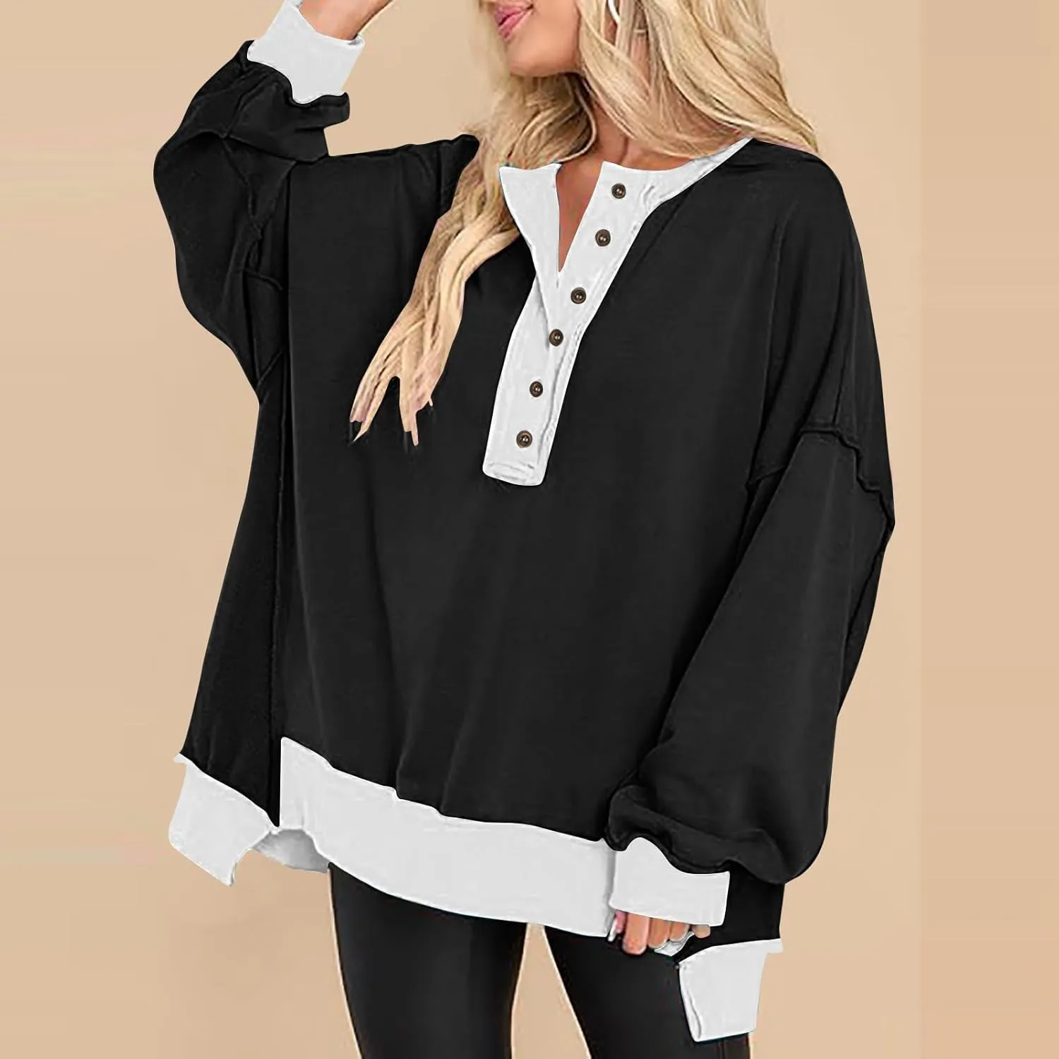Women's Oversized Sweatshirt Casual Long Sleeve Button Henley Neck Pullover Tunic Tops Outfits Spring Fall Pullover