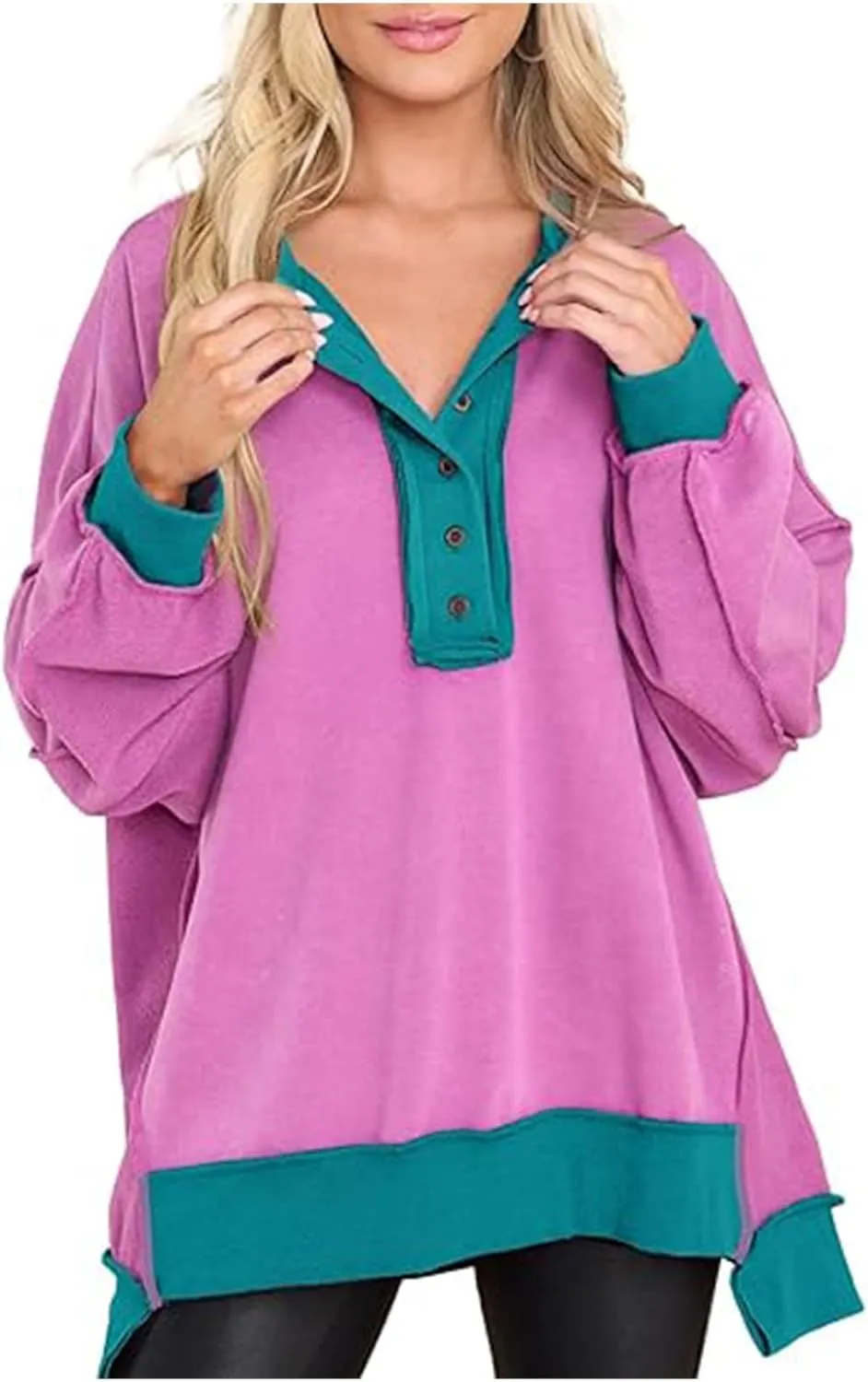Women's Oversized Sweatshirts Long Sleeve Henley Button Down Pullover Hoodies Tunic Tops 2024 Trendy Fall Clothes