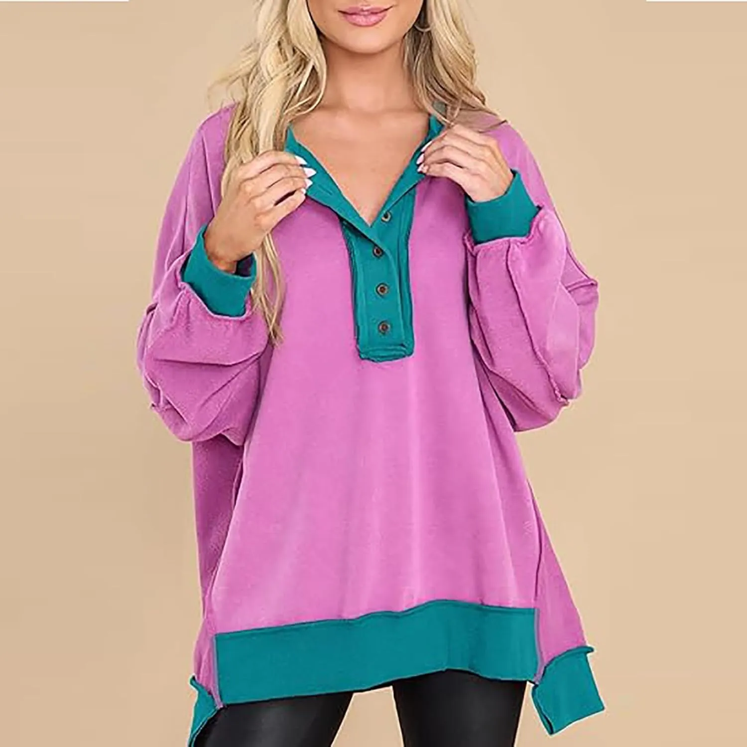 Women's Oversized Sweatshirts Long Sleeve Henley Button Down Pullover Hoodies Tunic Tops 2024 Trendy Fall Clothes