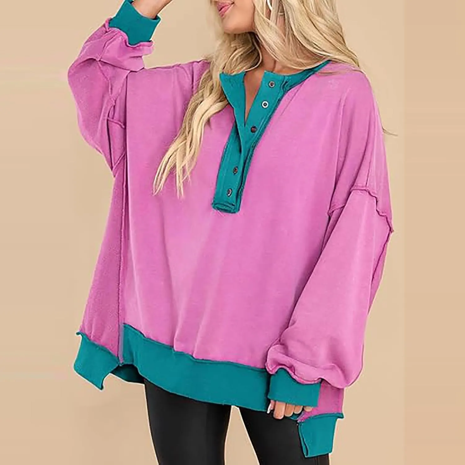 Women's Oversized Sweatshirts Long Sleeve Henley Button Down Pullover Hoodies Tunic Tops 2024 Trendy Fall Clothes