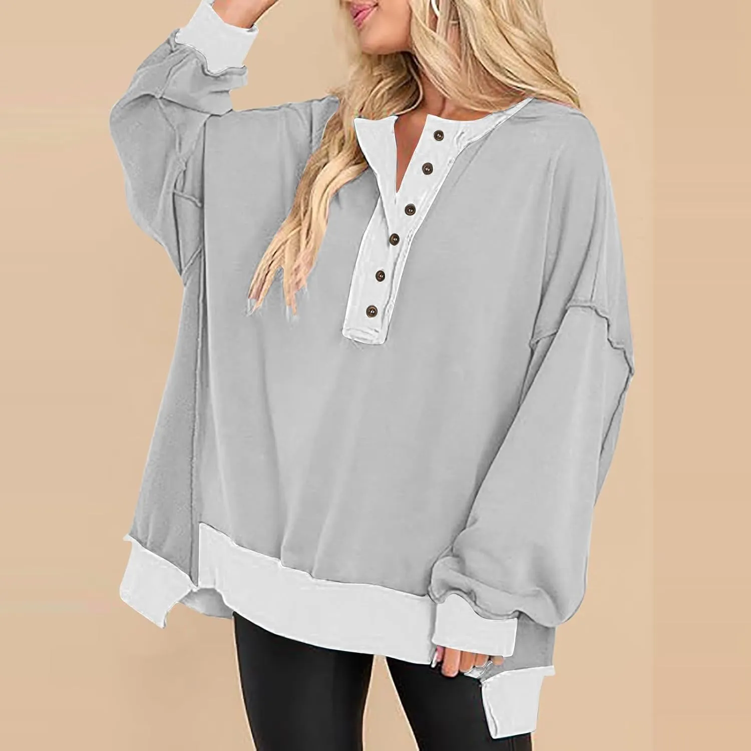 Womens Oversized Sweatshirts Long Sleeve Henley Neck Button Down Pullover Hoodies 2024 High Low Trendy Fall Clothes