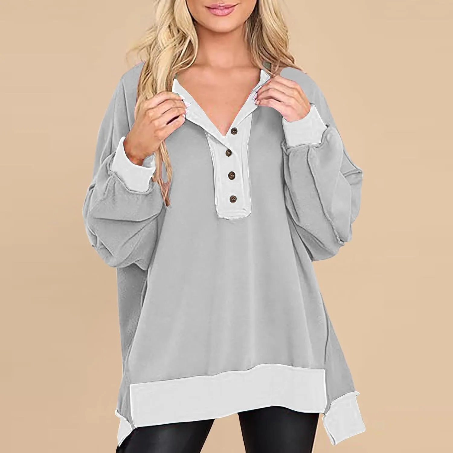 Womens Oversized Sweatshirts Long Sleeve Henley Neck Button Down Pullover Hoodies 2024 High Low Trendy Fall Clothes