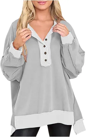 Womens Oversized Sweatshirts Long Sleeve Henley Neck Button Down Pullover Hoodies 2024 High Low Trendy Fall Clothes