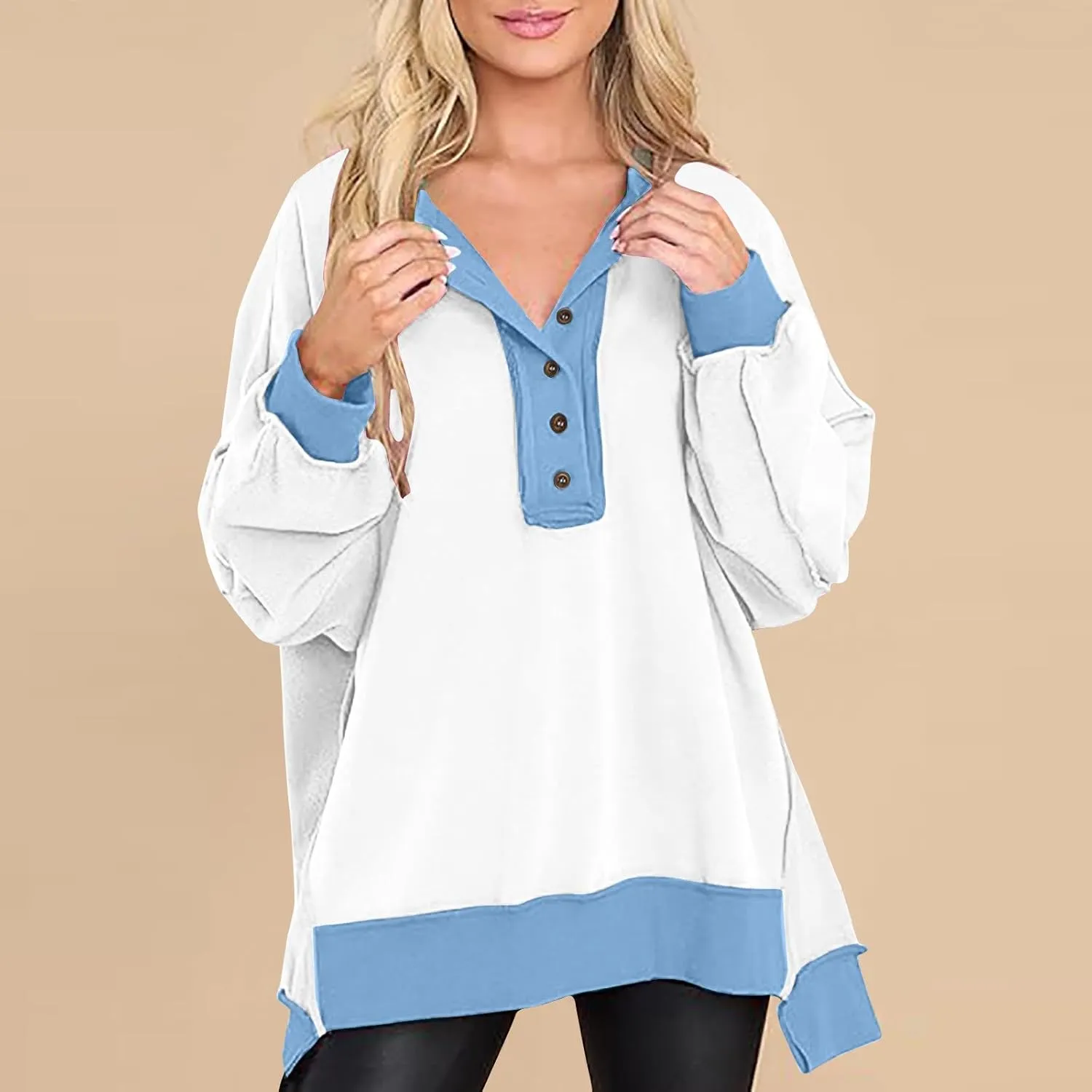 Womens Oversized Sweatshirts Long Sleeve Henley Neck Button Down Pullover Hoodies 2024 High Low Trendy Fall Clothes